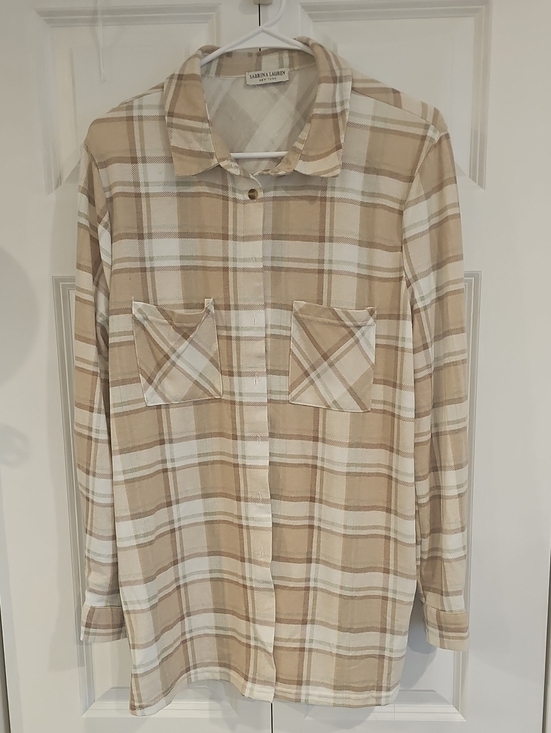 Sabrina Lauren Tops - Sabrina Lauren Beige Plaid Button-Down Shirt